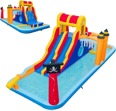 Produktbild von DREAMADE Aufblasbare Wasserrutsche, 6-in-1-Wasserpark mit zwei Rutschen, Kletterwand, Höhlenkriechspiel, Wasserkanone & Ringwurfspiel