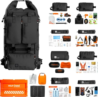A collage of a large black backpack and various survival and emergency items.