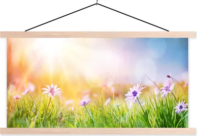 Produktbild von MuchoWow® Textilposter Blumen - Sonnenlicht - Frühling 60x30 cm mit holzfarbenen Rahmen - Dekoration