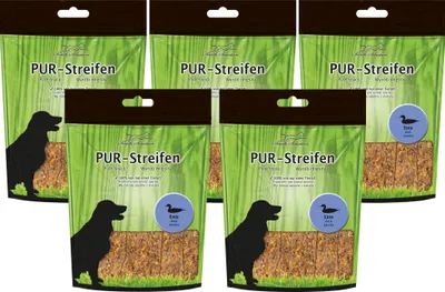 Produktbild von 5x100g Schecker PUR Streifen Ente - Kausnack für Hunde von einer Tierart - getreidefrei
