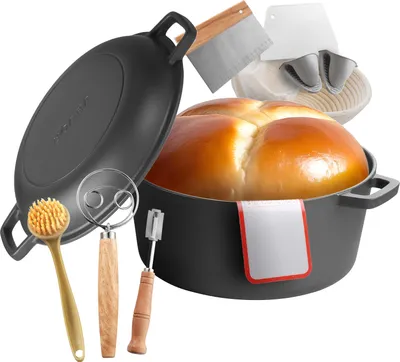 Zdjęcie produktu dla VEVOR Dutch Oven wykonany z żeliwa, garnek 2 w 1 z pokrywką do smażenia, solidne naczynie o pojemności 4,73 l z koszem garowniczym i akcesoriami do pieczenia chleba, kompatybilny z piecem chlebowym 260 ℃ garnek do chleba