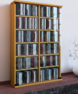Produktbild von VCM CD Regal Holz | CD Schrank mit ESG-Sicherheitsglastüren für 300 CDs oder 130 DVDs oder 72-Videos| Maße: H. 92 x B. 60 x T. 18 cm | Elegantes DVD Regal | Blu ray Regal | CD Regal - Roma