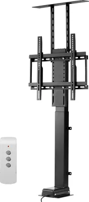 A black electric TV lift stand with a white remote control on a white background.