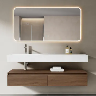 Produktbild von Mai & Mai Badmöbelset Waschtisch mit Unterschrank Eiche 150x48x25cm mit Soft-Close Schubladen inkl. Mineralguss-Waschbecken und LED-Badspiegel UP