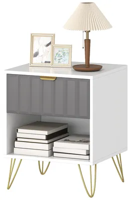 Produktbild von Nachttisch mit offenem Fach, Schublade und Griff, Stahlbeine, 45 x 40 x 55 cm, wei?