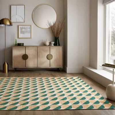 Produktbild von Teppich Polyester Kurzflor Kreis Muster Grün-Natur 120x170 cm Wohnbereich Essbereich Modern COQUET | Kadima Design