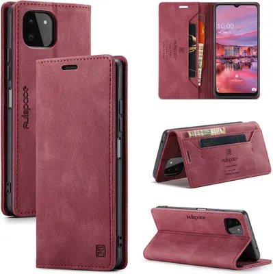 Produktbild von Galaxy A22 5G Brieftasche Hülle, Retro Kunstledertasche Stand Schutzhülle für Samsung Galaxy A22 5G Rot