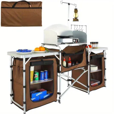 Image de Table de camping multifonctionnelle – Cuisine d'extérieur avec 3 rangements et pare-vent – Aluminium pliable