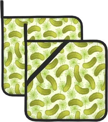 Produktbild von Dillgurken-Topflappen im 2er-Set für die Küche, hitzebeständig und rutschfest, zum Kochen und Backen, 20,5 x 20,5 cm