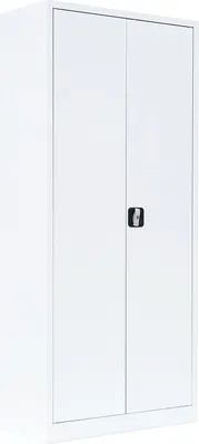 A white metal filing cabinet with two doors and a black handle.