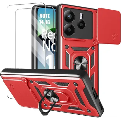 Image de Coque + 2 Verres Trempés pour Xiaomi Redmi Note 14 4G, Antichoc avec Support et Protection Caméra - Rouge