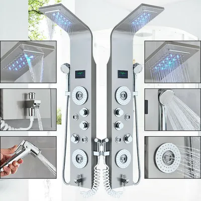 Produktbild von Linuode LED Licht Dusche Wasserhahn Badezimmer SPA Massage Jet Dusche Säulensystem Wasserfall Regen Duschpaneel Bidet Sprayer Tap (8006 Nickle C)