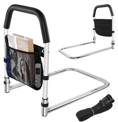 Immagine prodotto di Maniglia di supporto per letto - Ringhiera per letto per adulti - Protezione anticaduta - In metallo - Con tasca portaoggetti - Adatta per anziani, donne in gravidanza e persone con disabilità