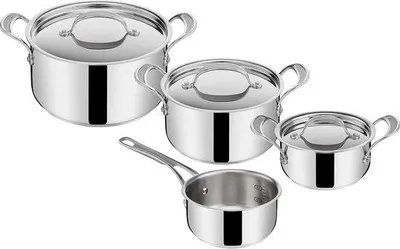 Produktbild von Kochset aus Edelstahl 7 Stück 16 cm Induktionskochtopf 16/20/24 cm Deckel Maßschalen.