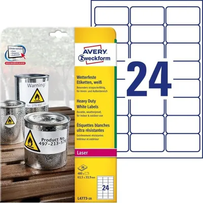 Produktbild von Avery L4773-20, Weiß, Abgerundetes Rechteck, Permanent, DIN A4, Polyester, Matte