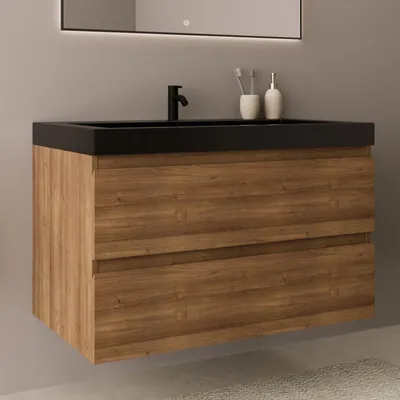 Zdjęcie produktu dla LOMAZOO MONACO 80 cm, ciepły dąb, czarna umywalka