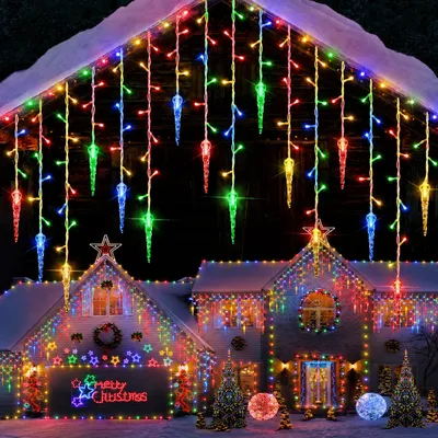 Productafbeelding van LED-ijspegellichtketting, lichtgordijn met ijsregen effect, kerstverlichting voor buiten, 8 verschillende modi, geschikt voor buiten, ramen, decoratie, multicolor