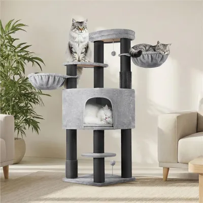 Produktbild von Yaheetech Großer Kratzbaum 160 cm H, mit ⌀11 cm dicken Sisalstämmen, großen Plattformen & Katzenhöhlen, 2 Katzenbürsten & Decken, Hellgrau & Schwarz