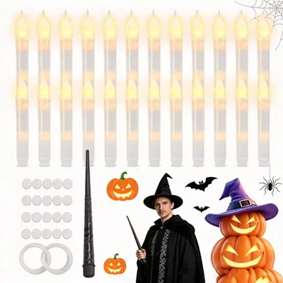 Produktbild von Juksun 24 Stück Flackernde LED Kerze, Halloween LED-Kerzen, Schwimmende Kerzen, Christbaumkerzen mit Zauberstab Fernbedienung für Halloween Party