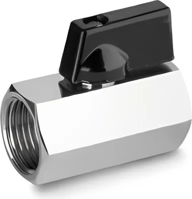 Produktbild von Kugelhahn Mini aus Messing, verchromt, mit schwarzem Griff, 1/2" IG x 1/2" IG
