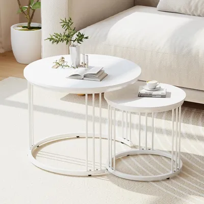 Produktbild von Set von 2 Runden Couchtischen aus Weißem Holz mit Metallbeinen