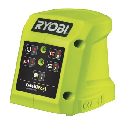 A Ryobi 18V ONE+ IntelliPort charging system is shown against a white background.