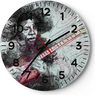 Produktbild von Wanduhr - Rund - Glasuhr - Lied Gitarre Künstler Instrument - 30x30cm - Schleichendes Uhrwerk - Lautlos - zum Aufhängen bereit - Dekoration Modern - Wanddekoration aus Glas - C4AR30x30-2559