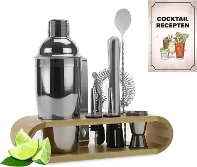 Produktbild von KitchenBrothers Cocktail Set - 11-teilig - Inkl. Cocktail Shaker (750 ml) - Komplett für Cocktailbar - Hellbraun/Bambus - Cocktailset - Mit Rezeptbuch - Geschenkverpackung