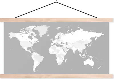 Produktbild von MuchoWow® Textilposter Weltkarte - Kontur - schwarz und weiß 120x60 cm mit holzfarbenen Rahmen - Klemmleiste