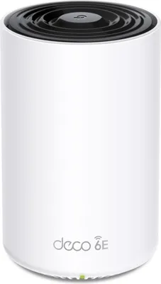 A white cylindrical mesh Wi-Fi system unit is shown against a white background.