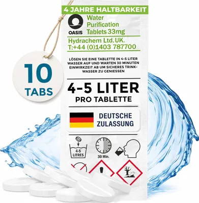 Produktbild von Wicked Chili Travel Wasseraufbereitung Trinkwasser (10 Tabletten je 4-5L) Wasserentkeimung & Trinkwasseraufbereitung - Tabletten für Blackout, Notfallrucksack, Reiseapotheke, Notfall Ausrüstung