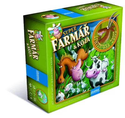 A game box for 'Superfarmář & Koza' with cartoon farm animals.