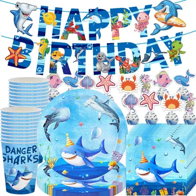 Immagine prodotto di Set di decorazioni per compleanno a tema squalo da 73 pezzi