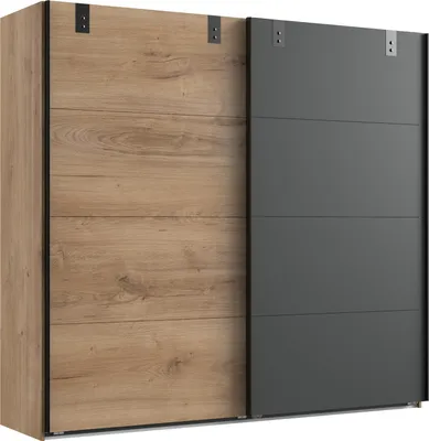 Produktbild von Kleiderschrank "Malmö" aus Spanplatte in Plankeneiche-Nachbildung mit Absetzungen in Graphit. Abmessungen (B/H/T) 225x210x65 cm