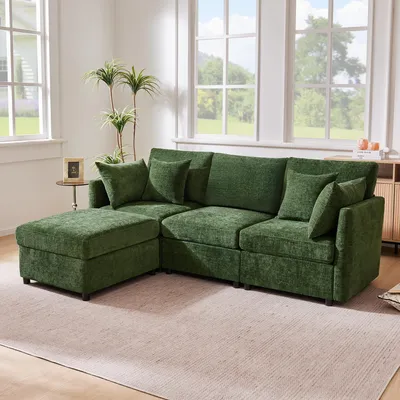 Immagine prodotto di okwish Divano ad angolo Divano modulare con pouf mobile Divano da salotto a tre posti 4 cuscini in ciniglia Divano letto Adatto al salotto Verde