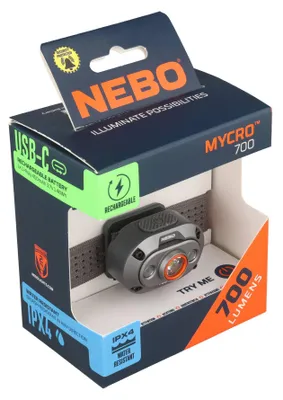 Imagen del producto de NEBO MYCRO 700, linterna frontal, batería de polímero de litio (Li-Po), 3,7V, 500mAh / 1,85 Wh, 700 lúmenes, alcance de 85 metros, color gris metálico