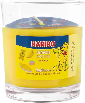 Produktbild von Haribo™ Duftkerze Lemon Fruits, Paraffinwachs, HxD: 8,5 x 7,5 cm, Kerze im Glas, Aromakerze, Geschenkidee, gelb