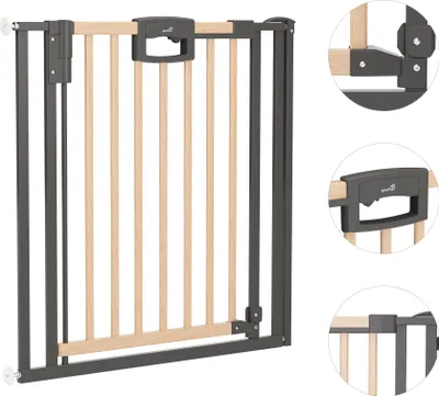 Produktbild von GEUTHER® Türschutzgitter Baby Easylock Ohne Bohren | Kinderschutzgitter zum Klemmen | Absperrgitter in Holz / Schwarz | Breite: 224,5-232,5 cm
