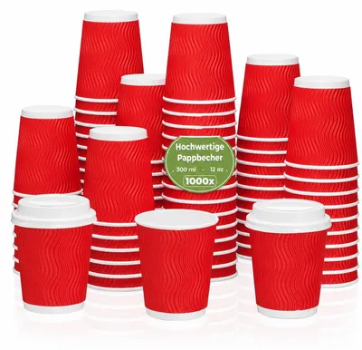 Produktbild von Riffelbecher 300ml Rot 1000 Stück Doppelwand Pappbecher Ripple-Wall | Kaffeebecher doppelwandig | Coffee to go | 12oz | Glühweinbecher | Punschbecher