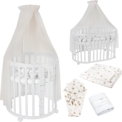 Produktbild von Waldin Babybett OWAL Kinderbett 7in1 mit Matratze, mitwachsendes Kinder-Bett,Stoffe Champagner Löwenzahn,Holz weiß