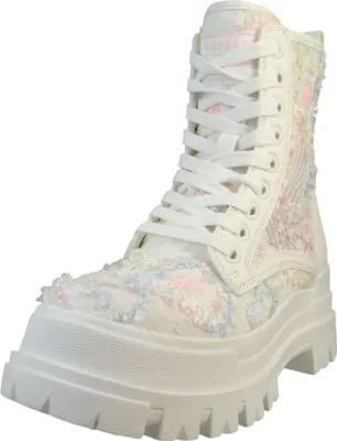 A white combat boot with a floral sequin design.