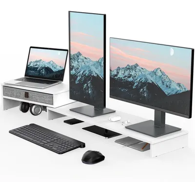 Immagine prodotto di Supporto per monitor regolabile in altezza con cassetto, colore bianco, altezza da 78 a 113 cm