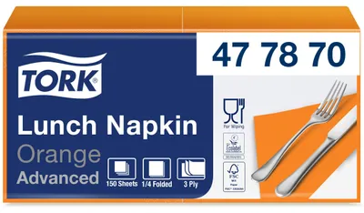 Image de Tork 477870, serviettes en papier orange, format lunch, 3 épaisseurs, absorbantes. Polyvalentes, qualité supérieure. Contient 10 x 150 (1500) serviettes. Dimensions : 32,6 x 33 cm (largeur x longueur). Pliage en quatre