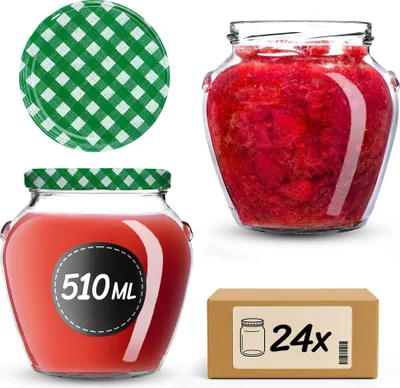 Productafbeelding van KADAX Inmaakpotten, 510 ml, met schroefdeksel, diameter 82 mm. Inmaakpotten met deksel, geschikt voor het inmaken van honing, fruit en groenten. Inmaakpotten (groen geruit, 24 stuks)