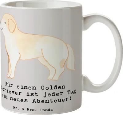 Produktbild von Mr. & Mrs. Panda Tasse Golden Retriever Abenteuer - Grau Pastell - Geschenk, Hunderasse, Becher, Keramiktasse, Freude, sozialer Hund, Hunderassen, Kaffeebecher, schöne