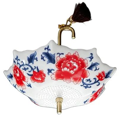Produktbild von Porzellan Teefilter Keramik Teesieb Regenschirmform, drehbar, traditionelles Design für losen Tee, rote Blume