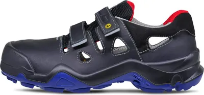 A side view of a black safety sandal with blue accents.