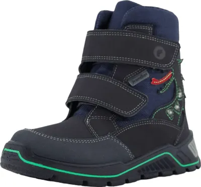 A single blue winter boot for children with green accents on the sole and a dragon design on the side.