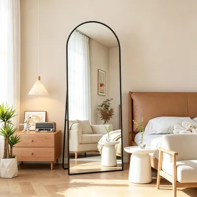 Produktbild von INONEFT Ganzkörperspiegel 162 x 53 cm Gewölbter Standspiegel mit Rahmen aus Aluminiumlegierung aus Sicherheitsglas, Schwarz