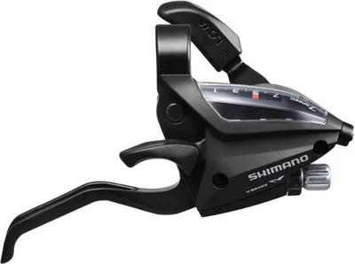A black bicycle brake and shifter lever assembly is shown against a white background.